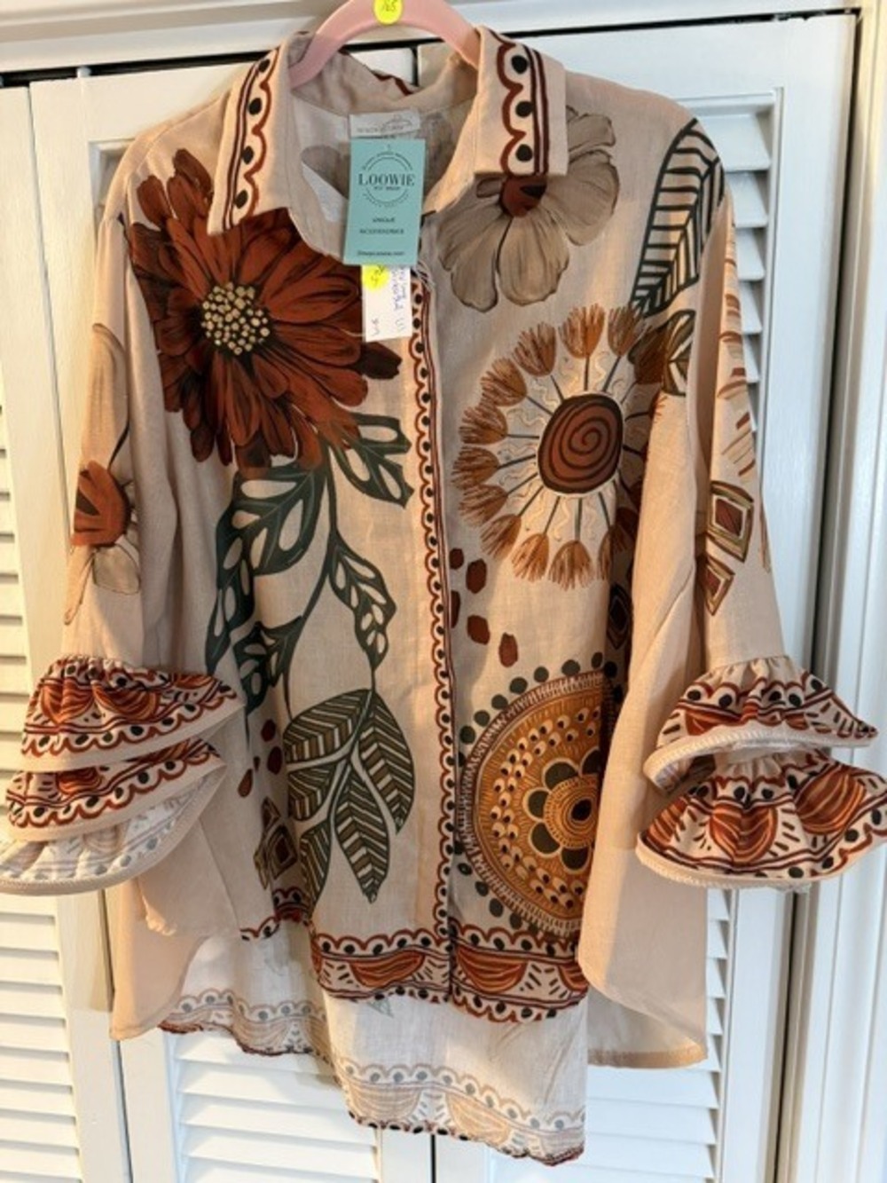 L765 | Loowie Floral Long Printed Shirt | Ruffled Sleeves | Beige | One Size S-L